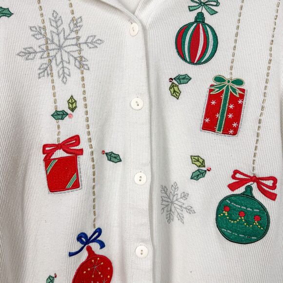 VTG 90s White Christmas Holiday Ornament Ribbon Snowflake Black Collar Cardigan - Picture 2 of 5